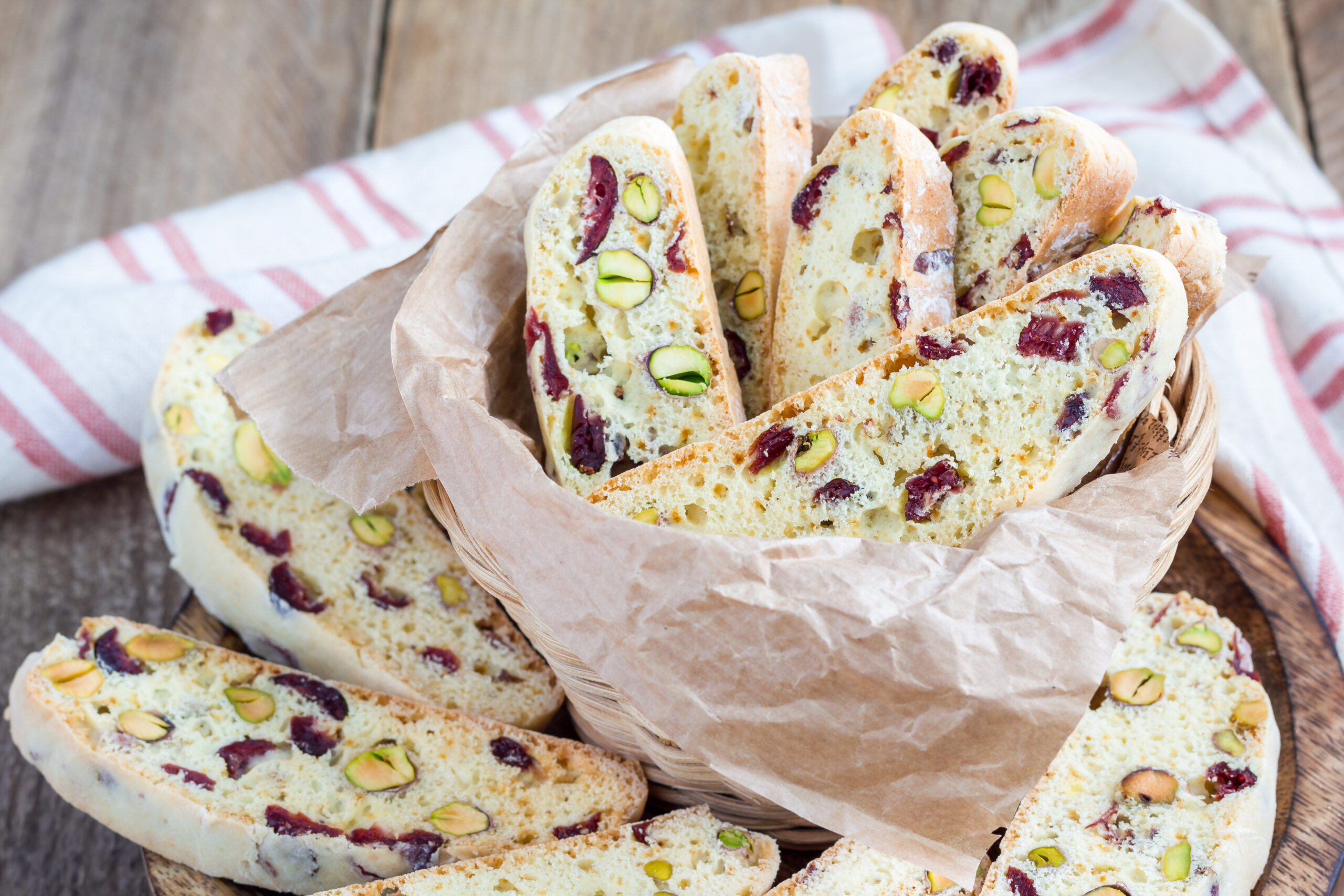 Biscotti with cranberry and pistachio in vine basket